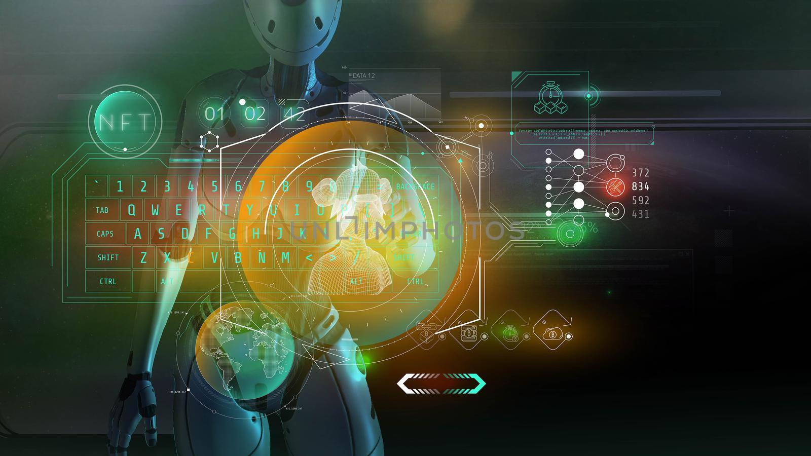 Artificial intelligence works with NFT infographic data using a virtual interface. 3D render.