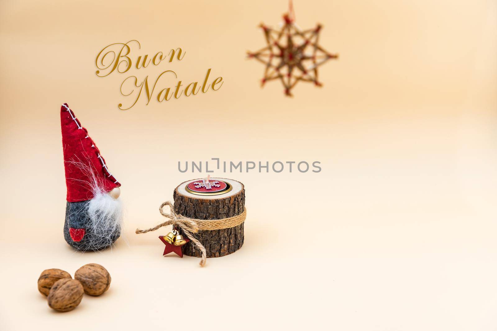 Greeting card with text Buon Natale and colors red, brown, beige and white - Christmas wallpaper