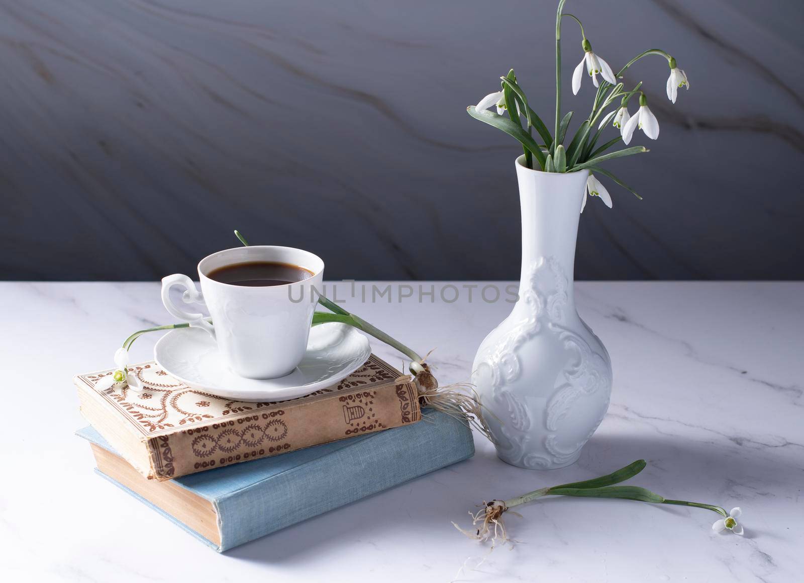 Still life with white snowdrops in a ceramic vase in the form of a swan, coffee in a white cup, conceptual morning ritual whith a book.High quality photo