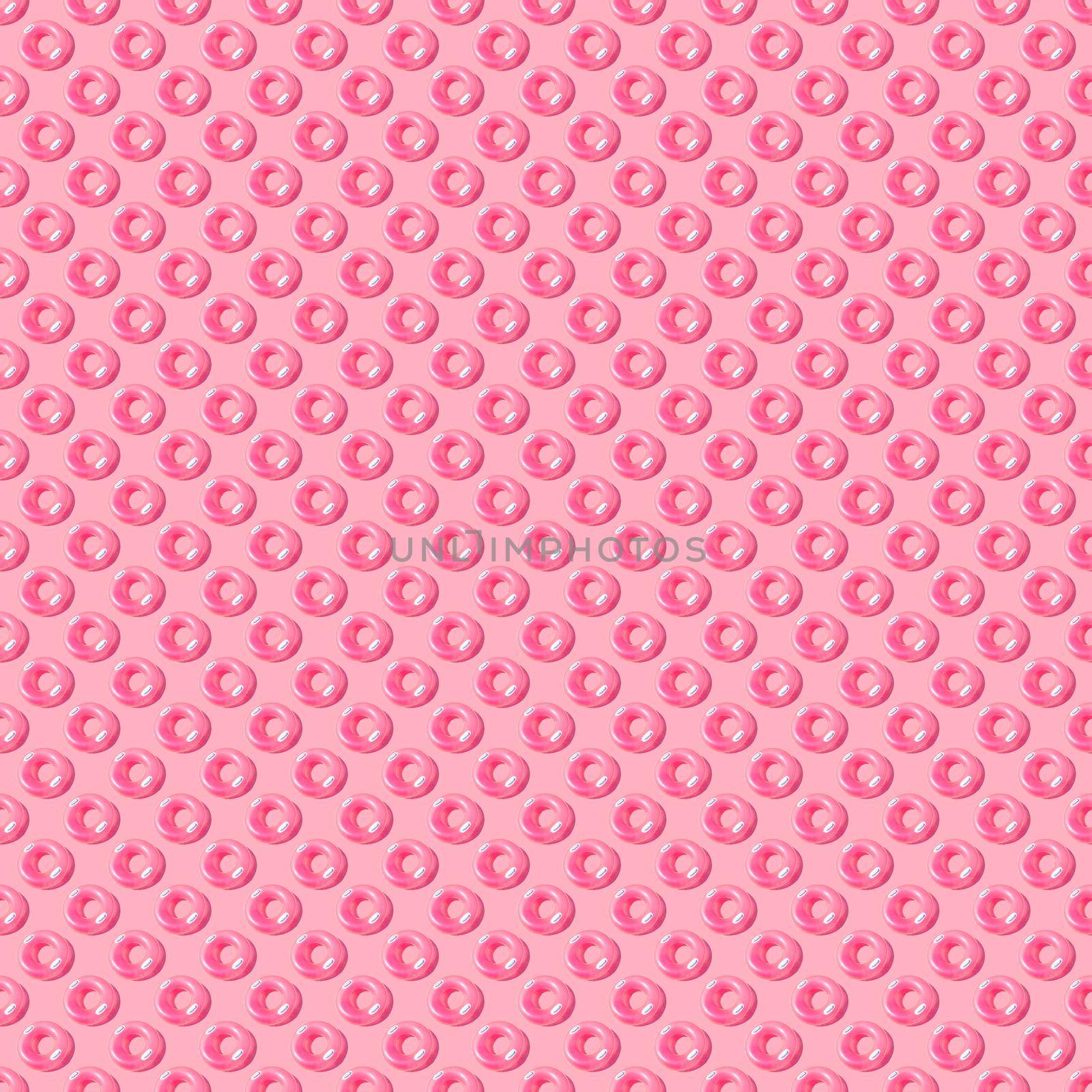 Bright pink inflatable circle with white handles and a shadow on a pink background pattern