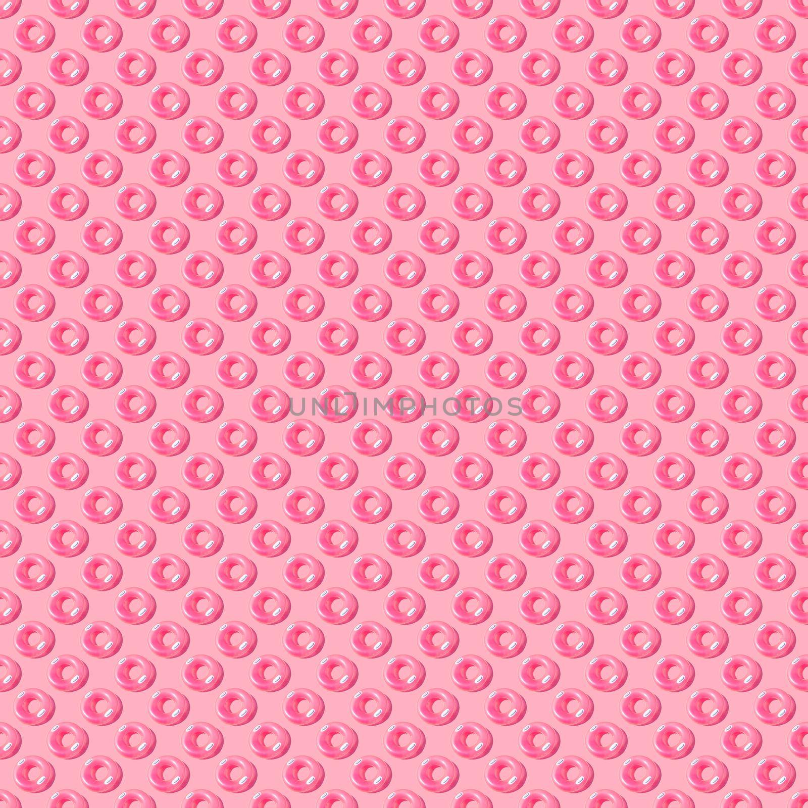 Bright pink inflatable circle with white handles and a shadow on a pink background pattern