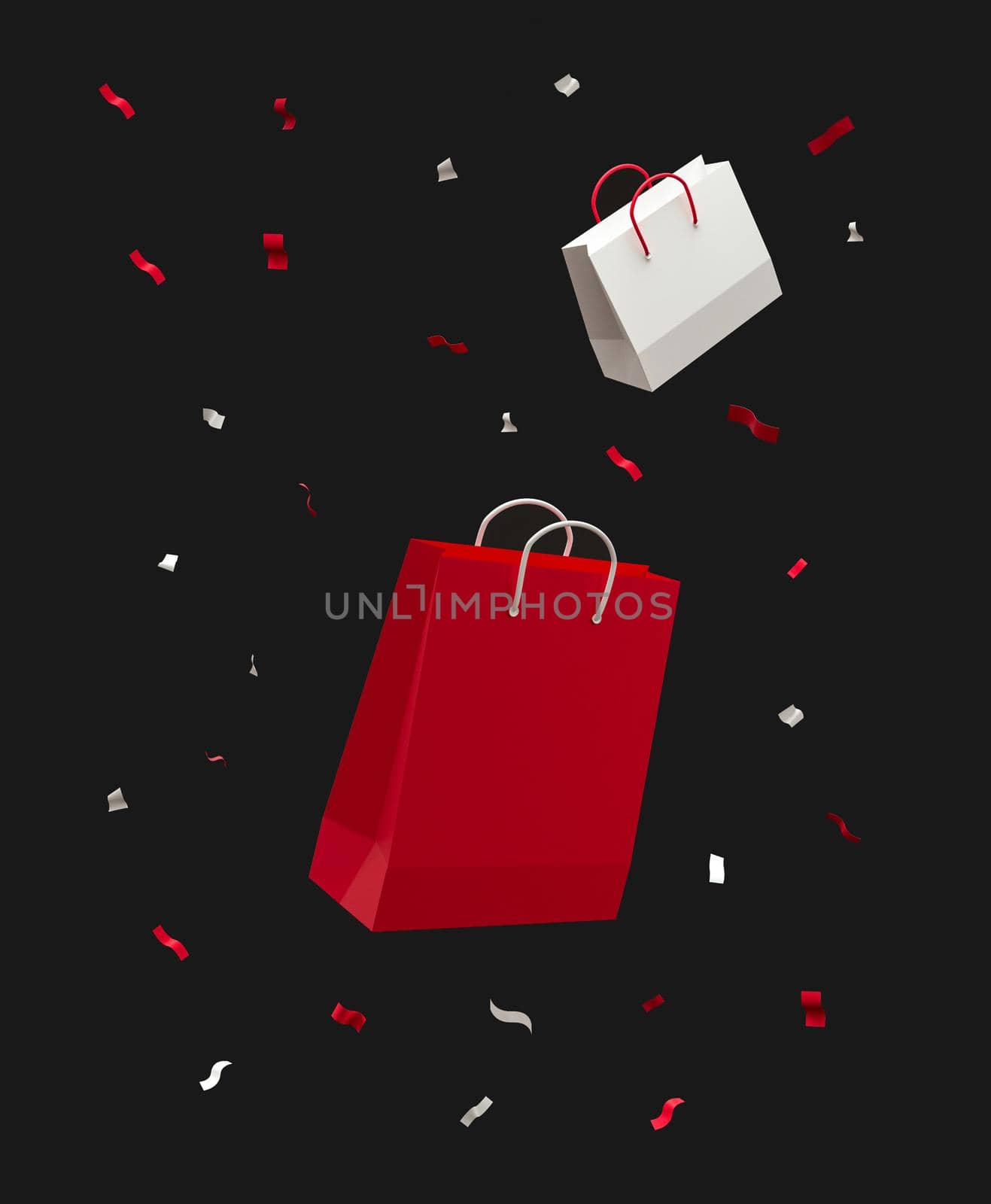 Black fridays discounts.Shopping bags red and white with sparkle flying in black studio background. Vertical size. 3d rendering.