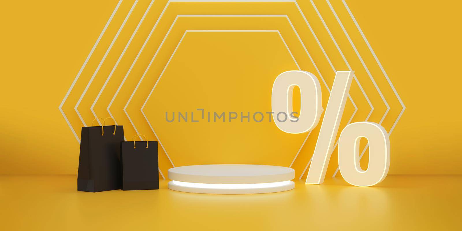 Podium with percent discount symbol and Shopping bags on hexagonal wall on studio background. Black fridays discounts. by ImagesRouges
