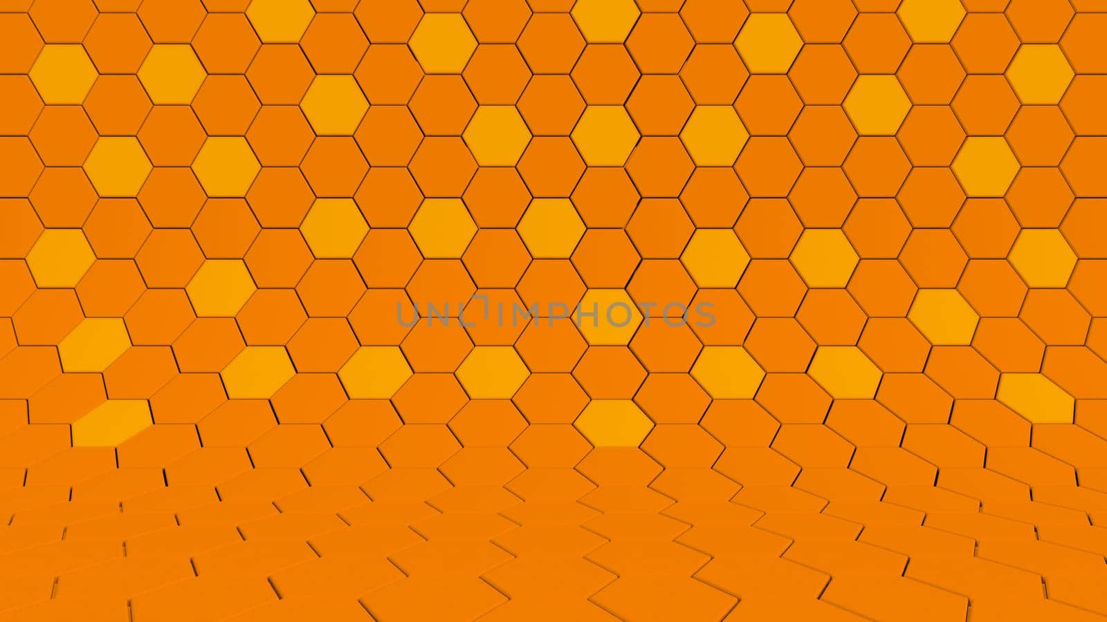 Clear pattern abstract background studio hexagon orange, Autumn honeycomb mosaic. 3D rendering.