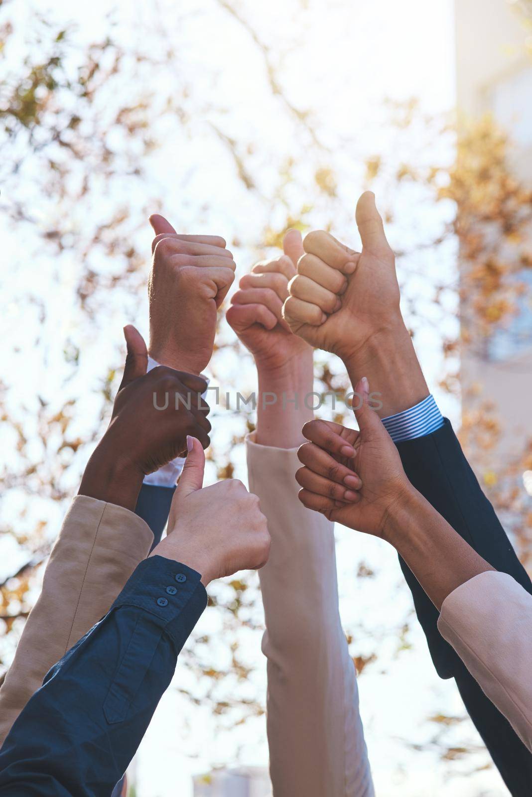 Excellent. a group of hands showing thumbs up. by YuriArcurs