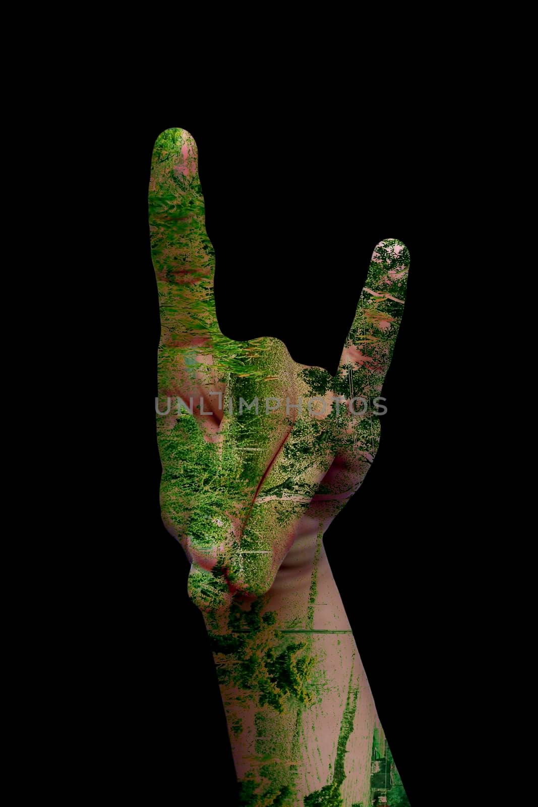 Double exposure shot of pair of hands with some hand sign and having healing nature. Concept of Care for mother nature. by mirzamlk