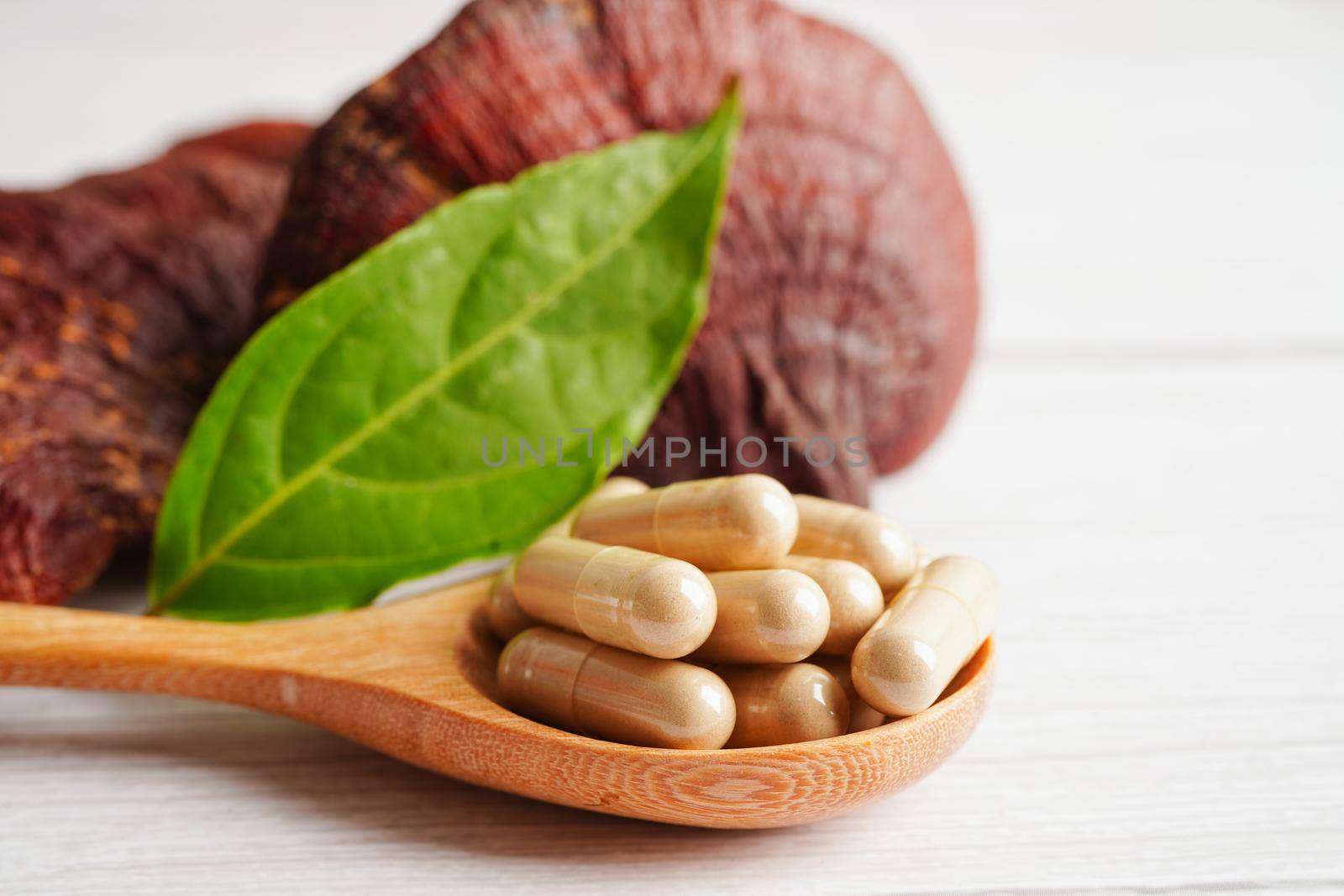 Lingzhi or Reishi mushroom with capsules, organic natural healthy food.