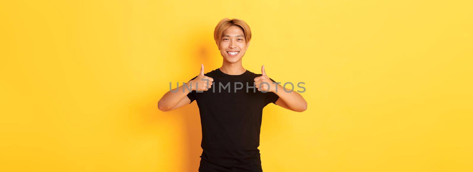 Portrait of satisfied handsome asian male student showing thumbs-up in approval, standing yellow background.