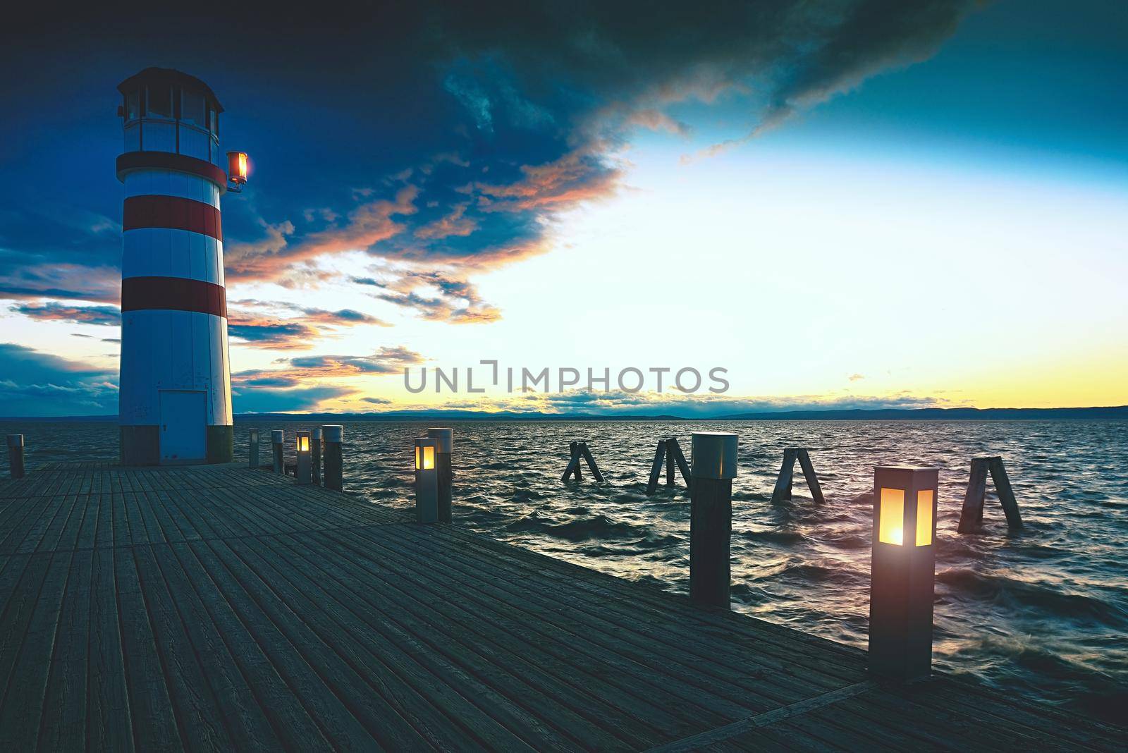 Autumn evening at lake Neusiedler See at the Austrian border and the villages Rust and Podersdorf am See