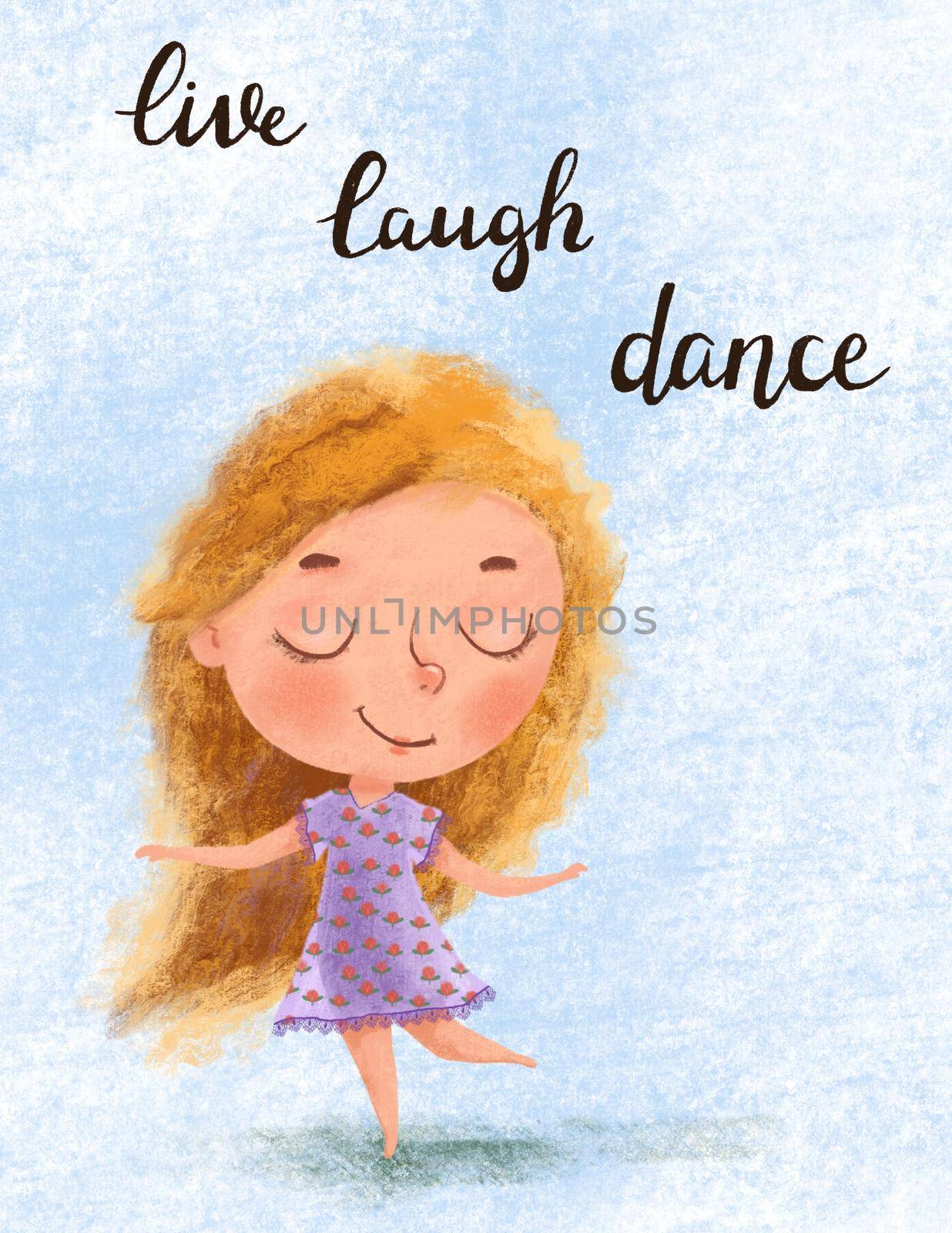 Lovely blondy little girl dancing. Hand drawn Illustration on blue background with lettering. Motivational postcard for woman