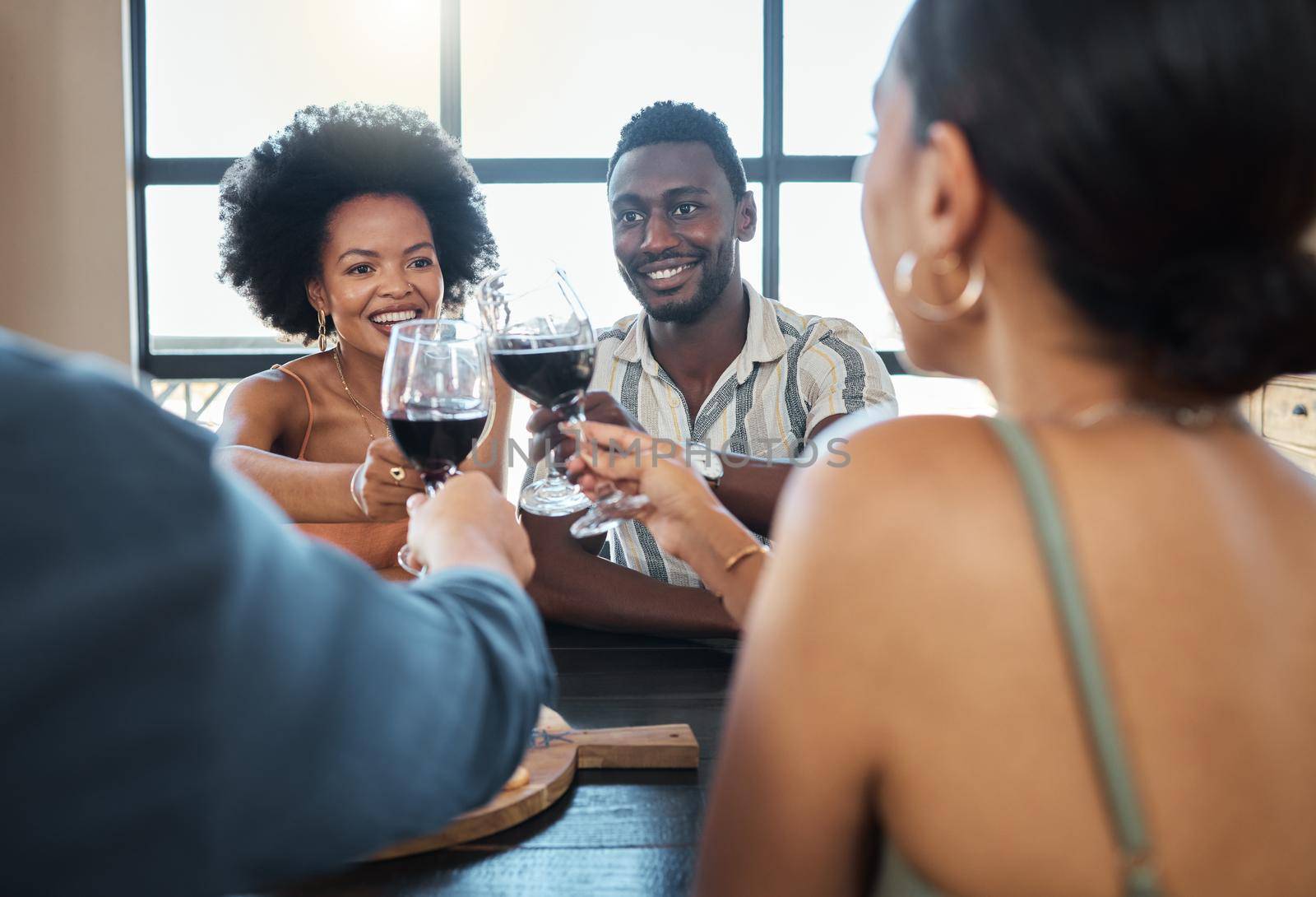Friends, wine and food of couples having dinner together or double date, drinking wine at a restaurant. Romantic group at a restaurant having fun and enjoying a lunch in celebration for their love