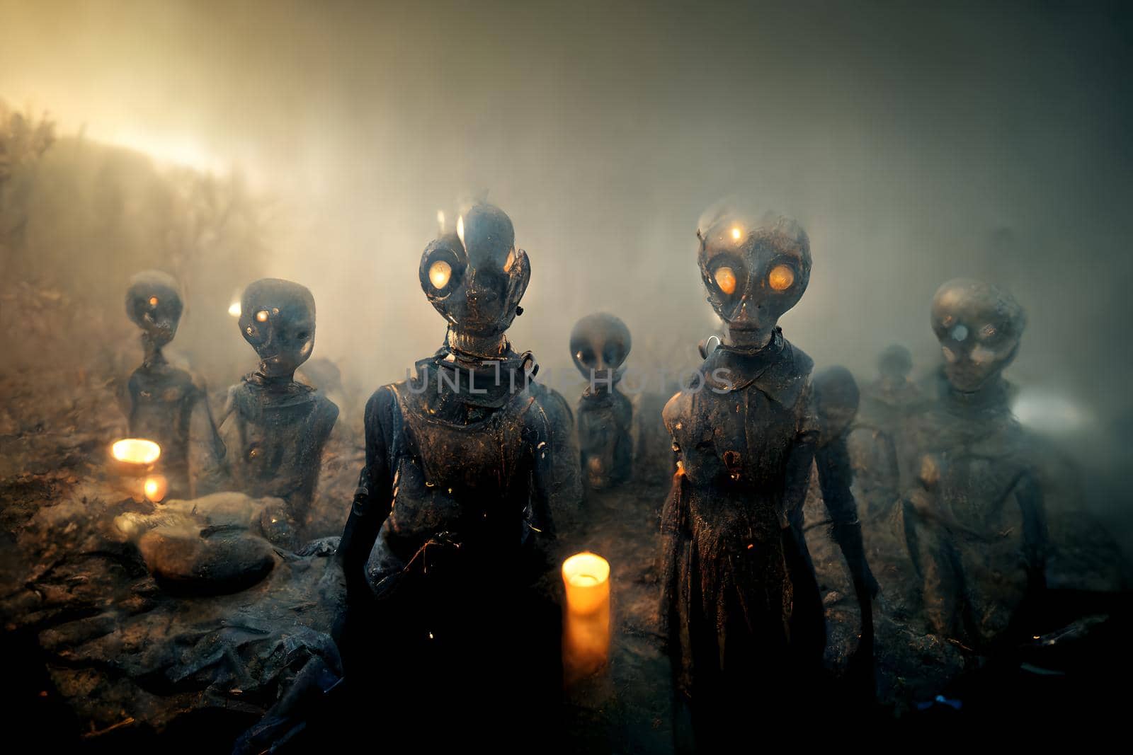 group of ugly barely humanoid aliens in ominous misty atmosphere, neural network generated art. Digitally generated image. Not based on any actual scene or pattern.