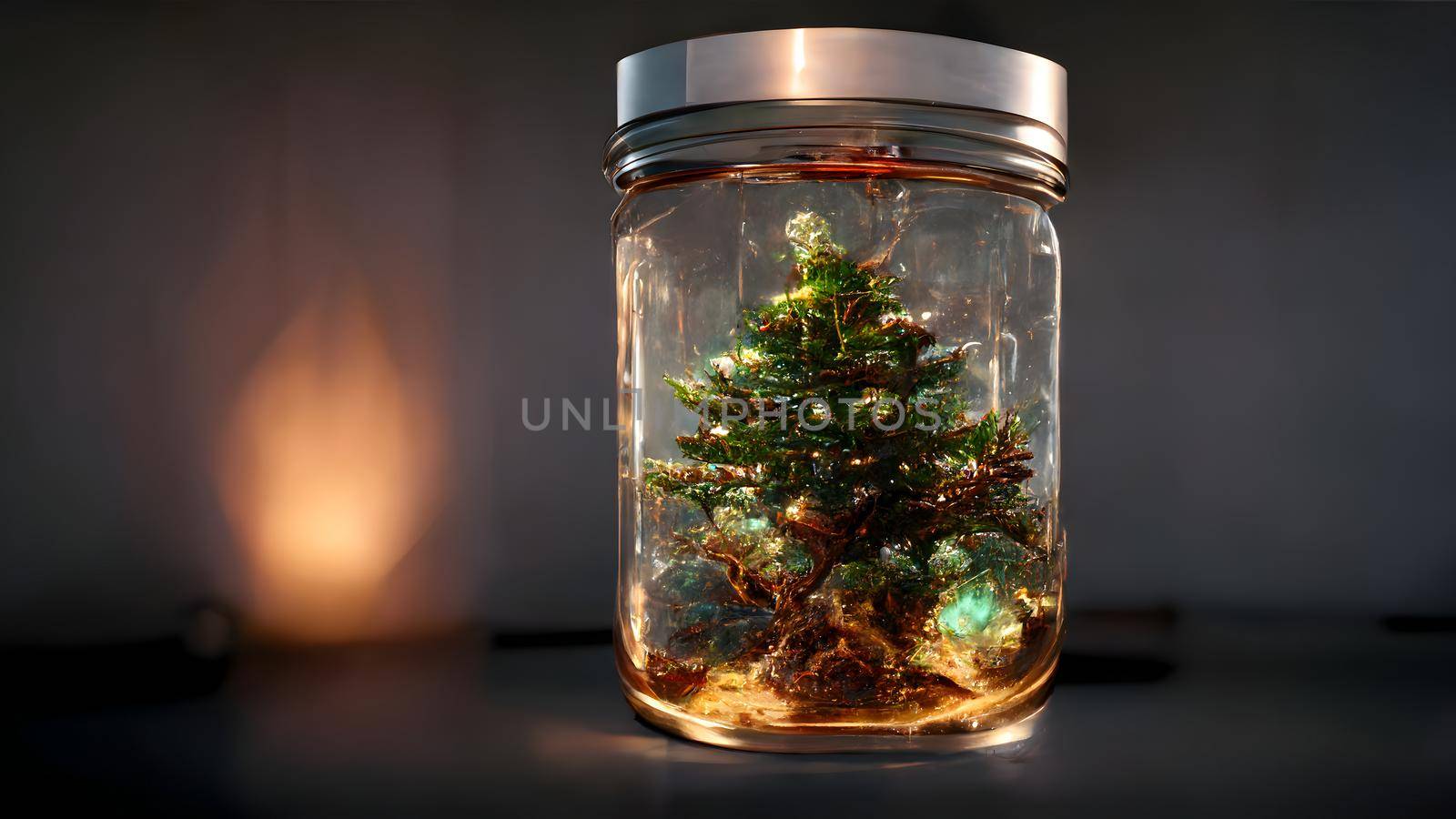 christmas tree in transparent glass jar, neural network generated art. Digitally generated image. Not based on any actual scene or pattern.