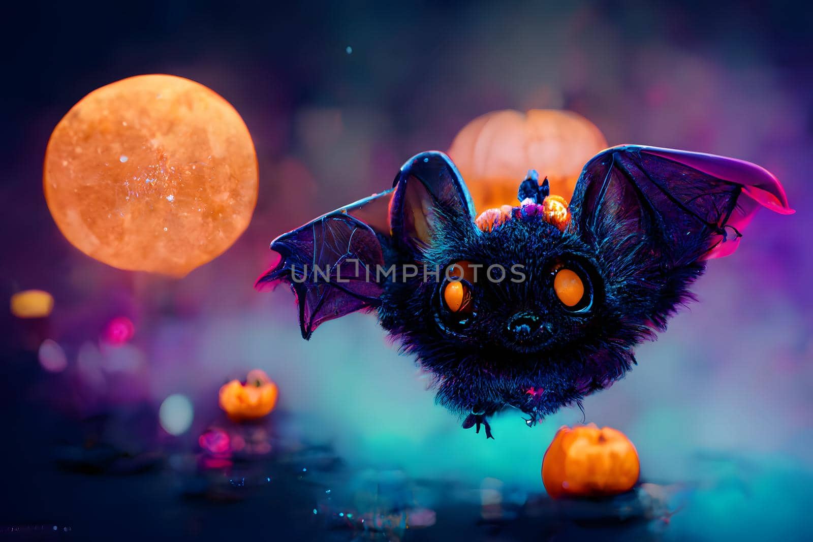 cute bat with pumpkins and moon on dark background, neural network generated art. Digitally generated image. Not based on any actual scene or pattern.