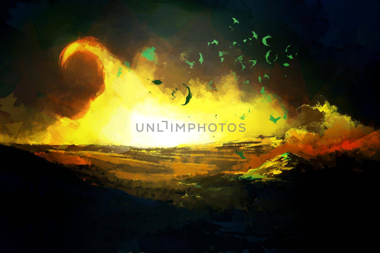 Scenic Nature Illustration with Fire Flame in Dark Night. Image of Destruction Disaster.