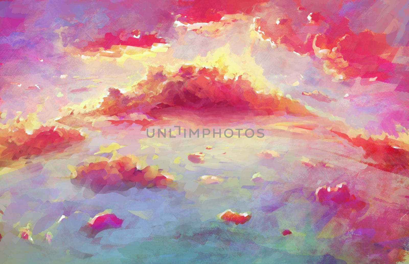 Colorful Landscape Illustration of Pink Clouds. Fantasy Wallpaper of Scenic Sunset.