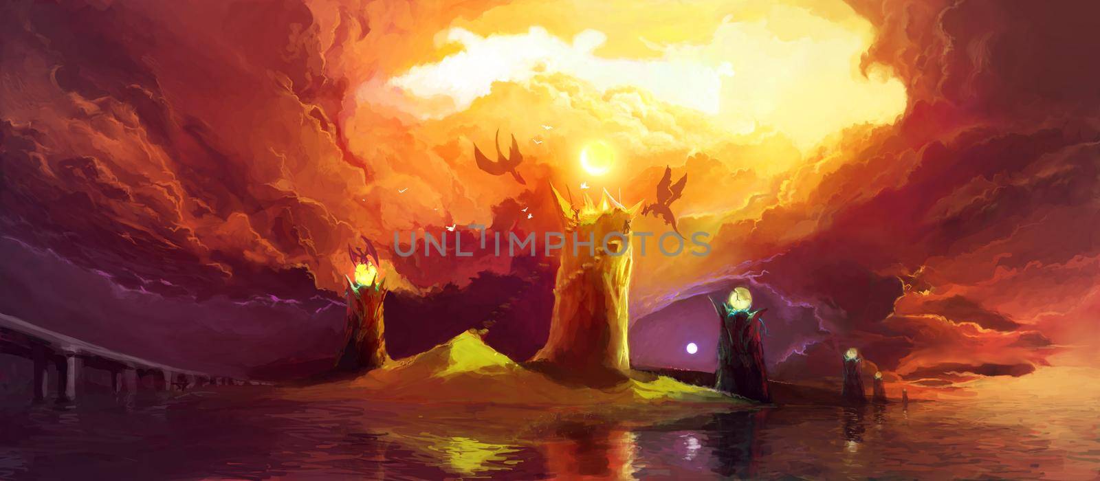 Fantasy Illustration with Magic Towers and Dragons under dark clouds. Scenic Fairytail Illustration about the Struggle between Good and Evil.