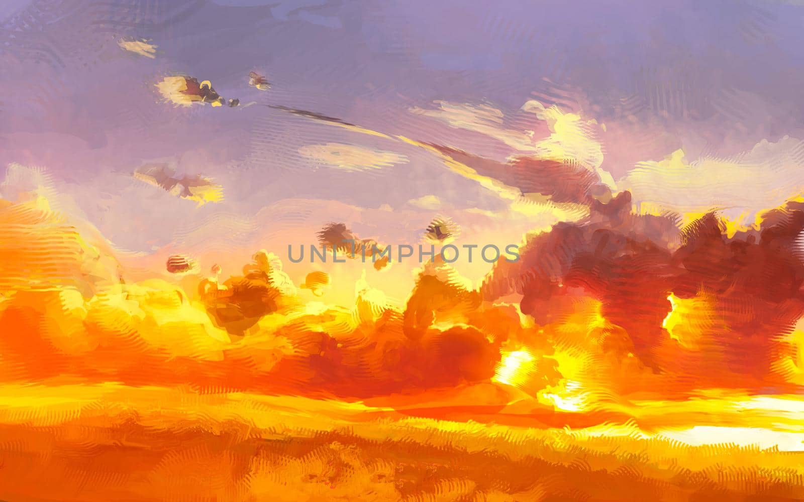 Dramatic colorful sunset in orange color. Scenic Landscape Illustration of Skies and Grass.