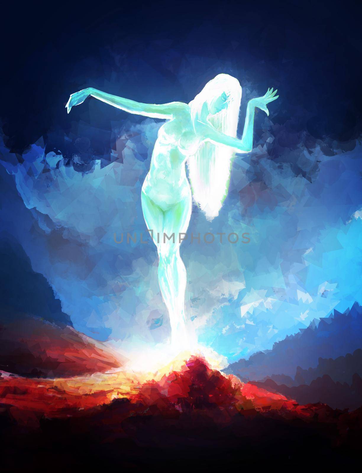 Diamond Emerald Girl on a scenic backdrop of mountains and  the blue night sky. Glowing Nude Woman in elegant Pose.