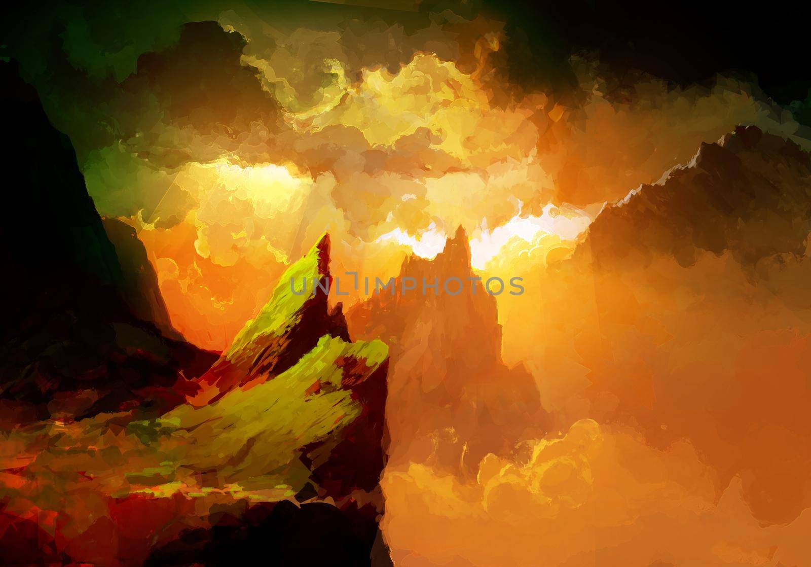 Canyon of Zion National Park, Scenic Nature Landscape Illustration of dramatic sunset in the dark.