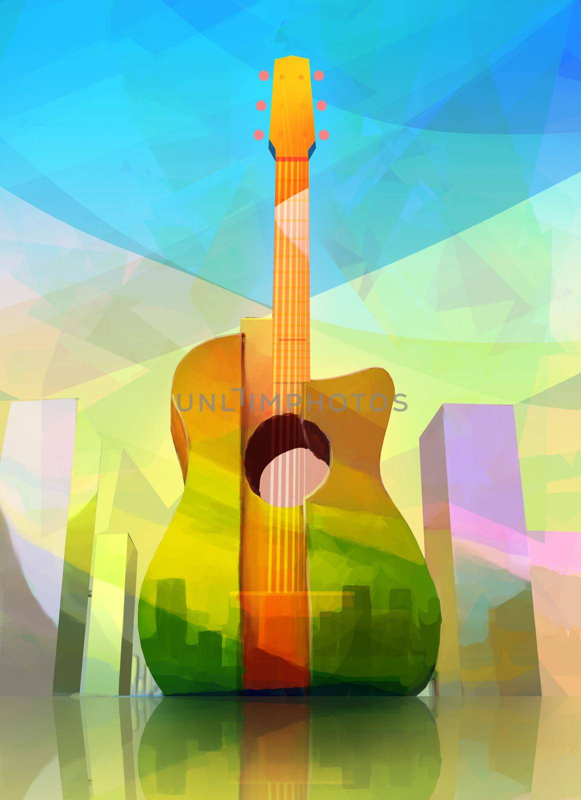 Modern Creative Illustration of Acoustic Guitar-shaped City in Abstract Style. Colorful Concept Design.