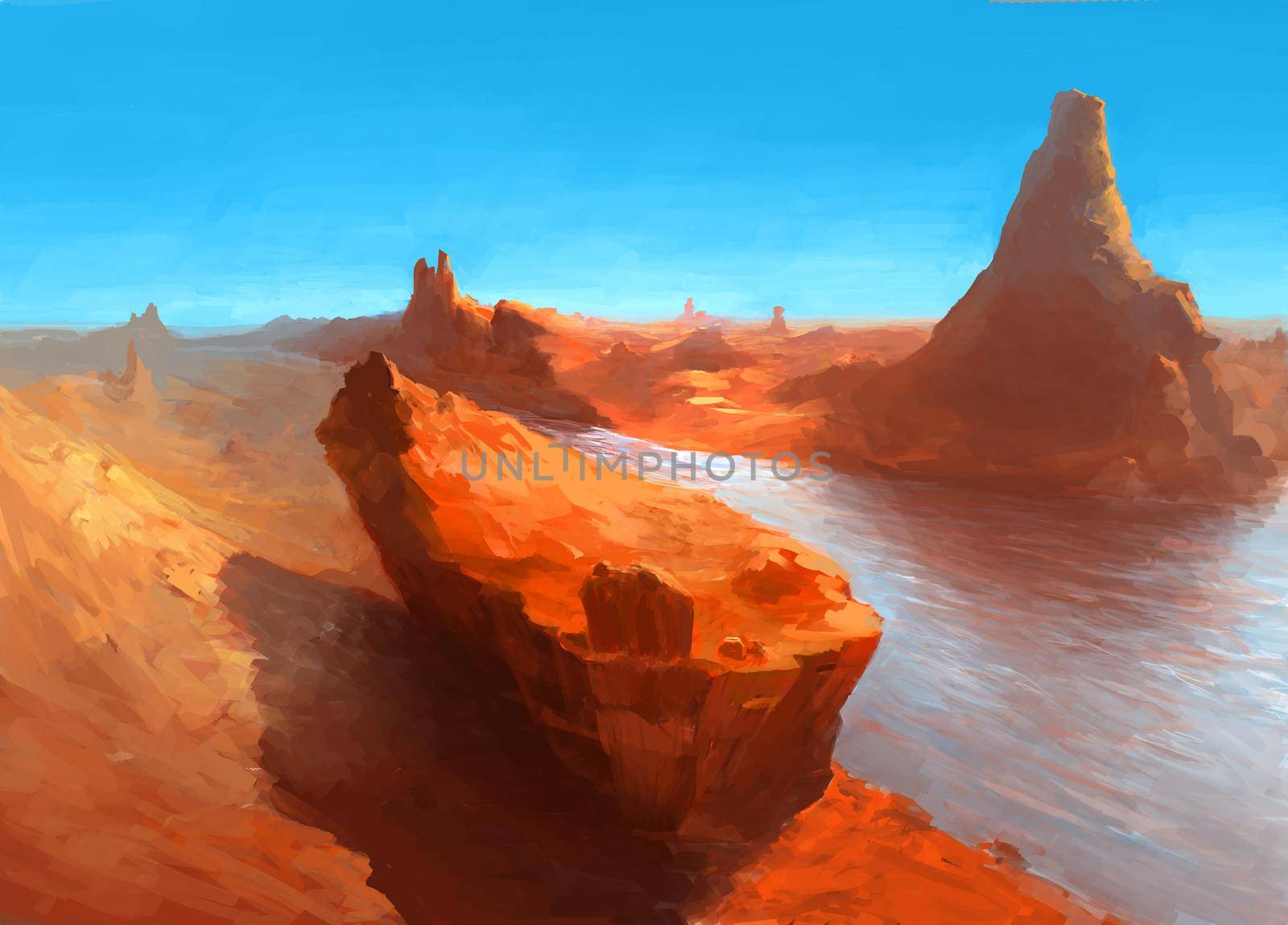 Grand Canyon under clear blue sky. Scenic Nature Travel Illustration of Famous National Park in USA