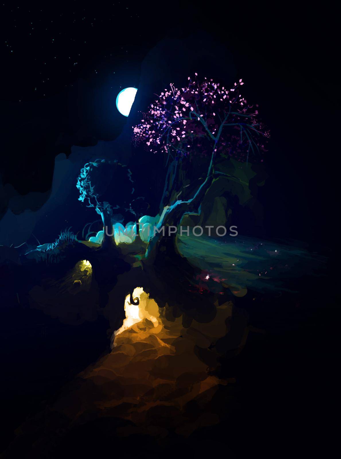 Moon in night above Night Scenic Landscape with illuminated burrow and mountains. Dark Fantasy Illustration