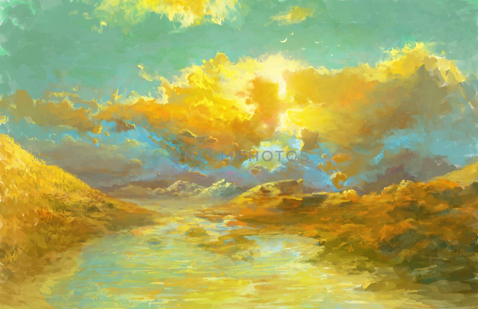 Hills and lake in Autumn Season. Rural Scenic Sunset at Landscape Illustration.