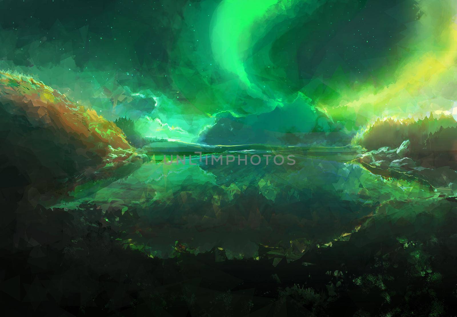 Scenic Landscape Illustration of Northern Aurora Borealis in Canada above lake. 
