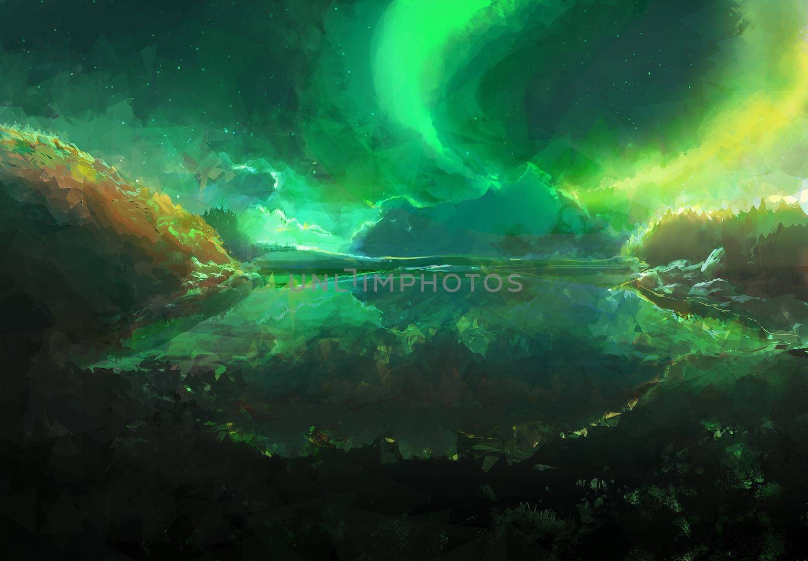 Scenic Landscape Illustration of Northern Aurora Borealis in Canada above lake. 