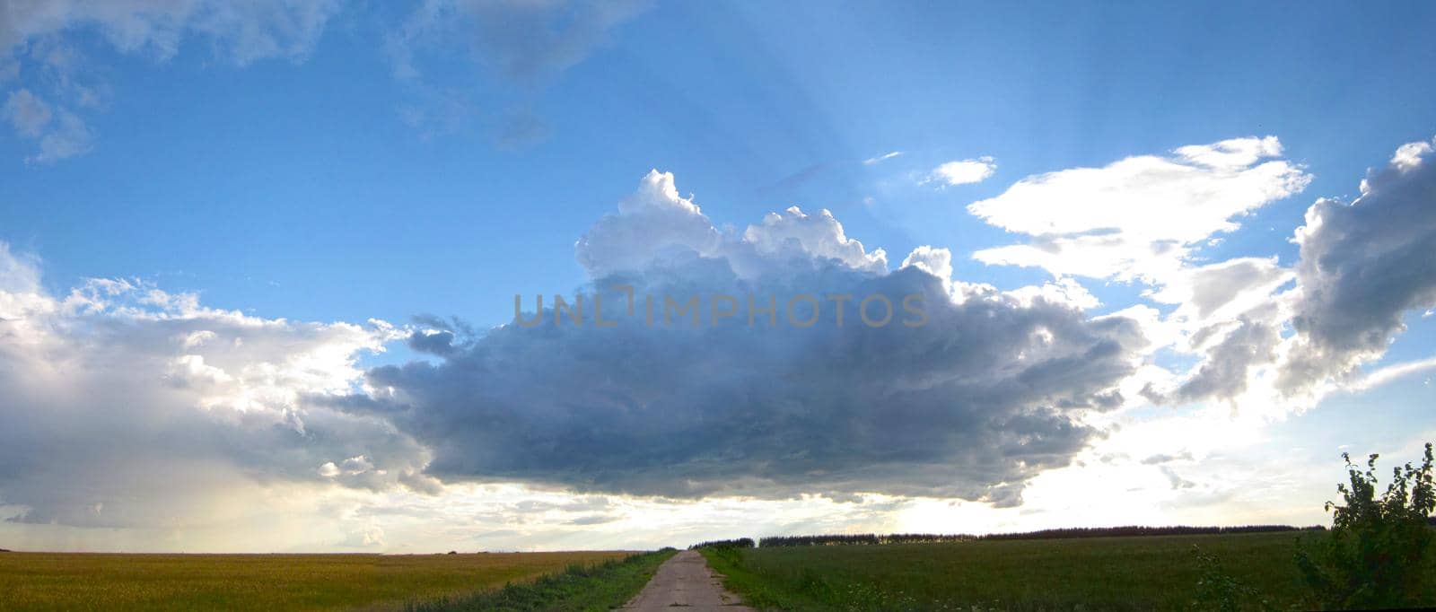 Landscape with Scenic Sky with Beautiful Clouds. Panorama  with Road and Horizon.