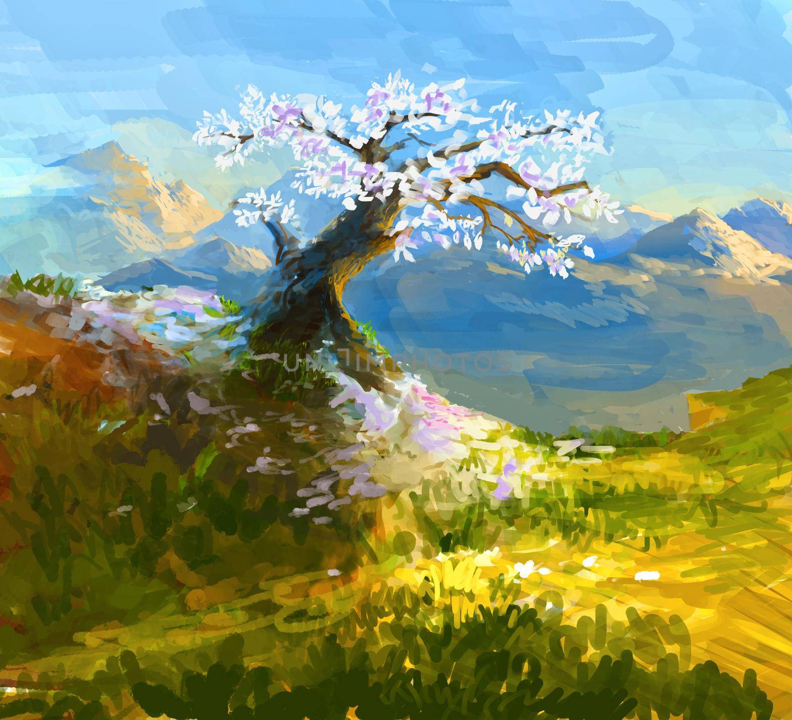 Japanese Chery Sakura fall off in Autumn Scenic Landscape Illustration under Blue sky at the Day.