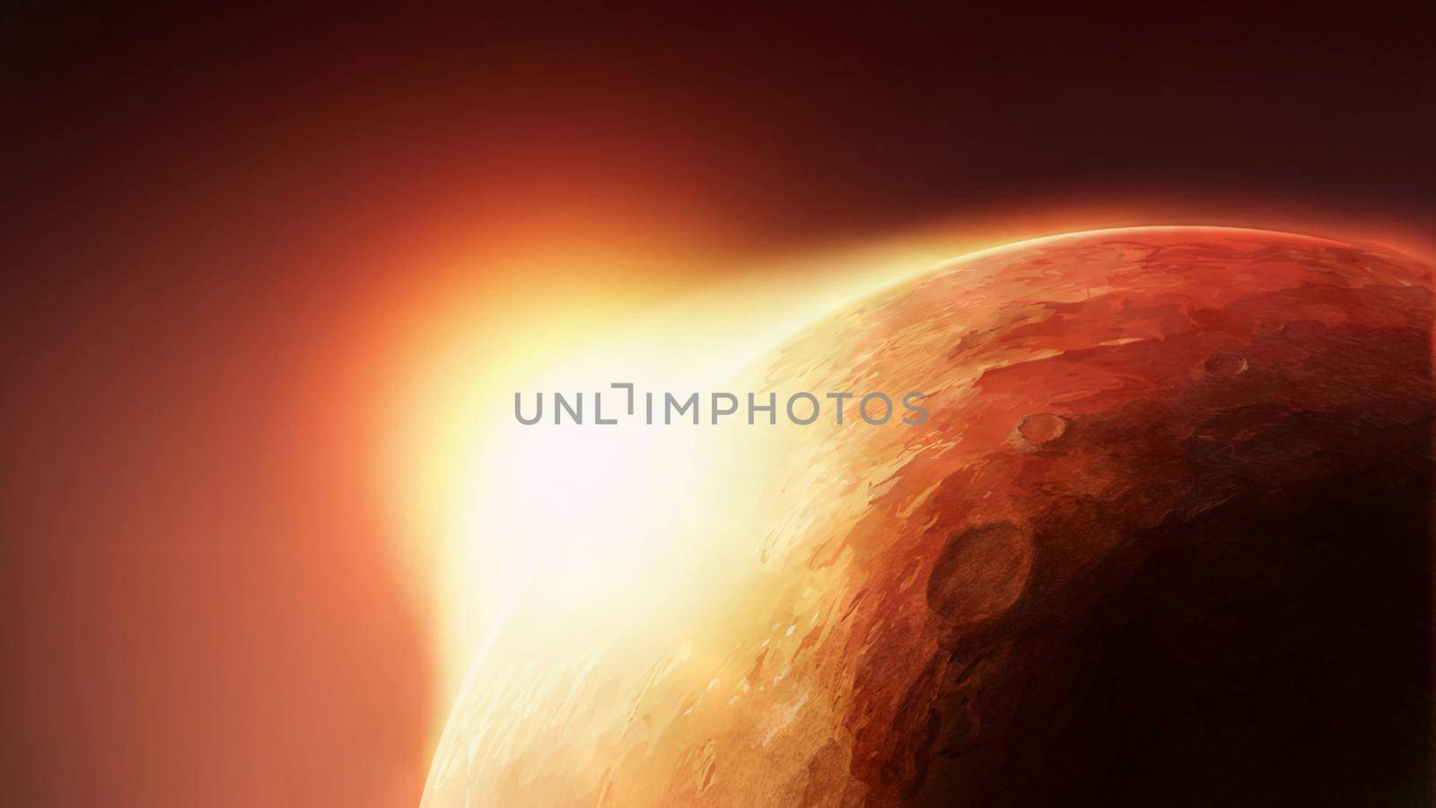 Solar System - Red Planet Mars with Sun on Horizont. Art Scenic Illustration of Mars from Cosmos Orbit.