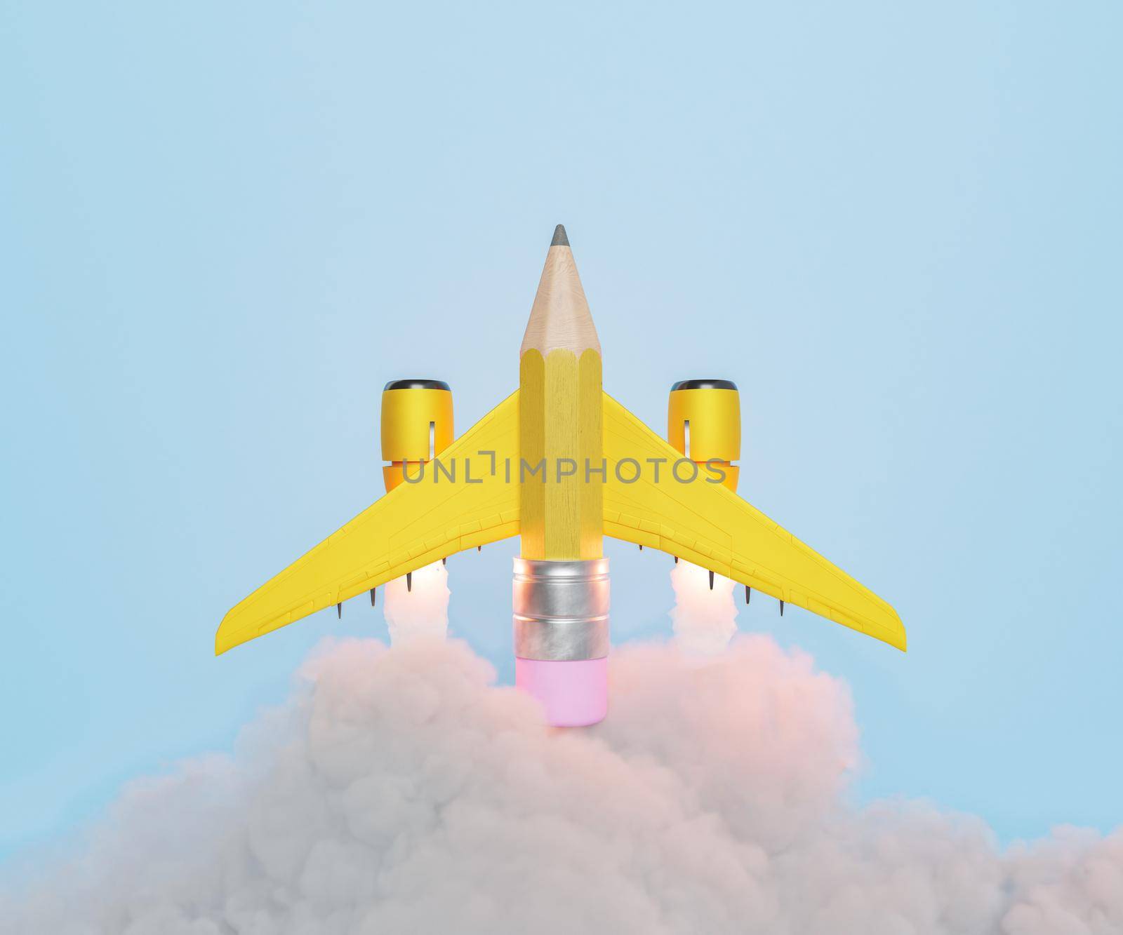 3D illustration of innovative rocket made of pencil emitting cloud of smoke during launch against pink background