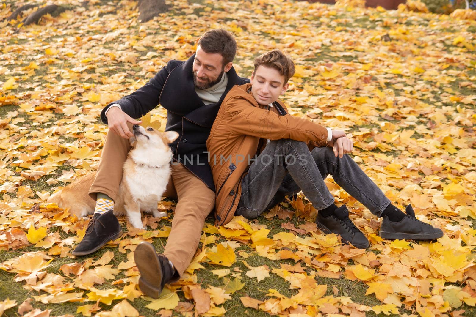 Father and son with a pet on a walk in the autumn park.