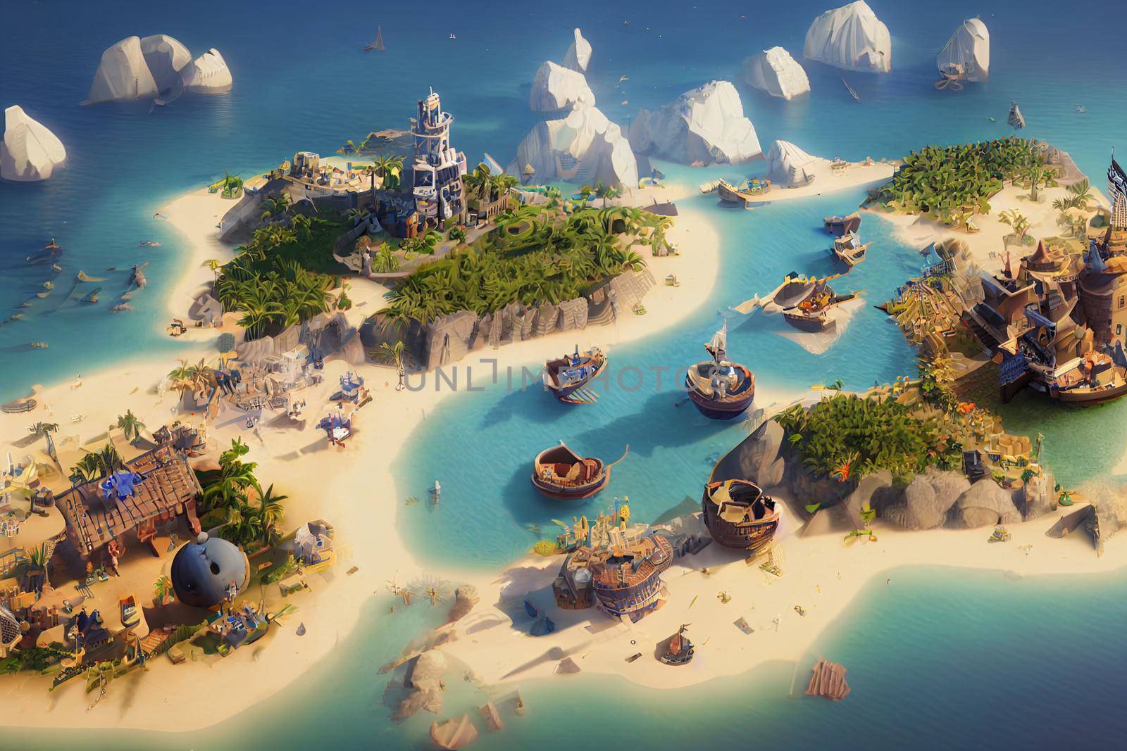 3D Render of Caribbean pirate archipelago in isometric perspective. Thriving pirate city port in the style of civilization.