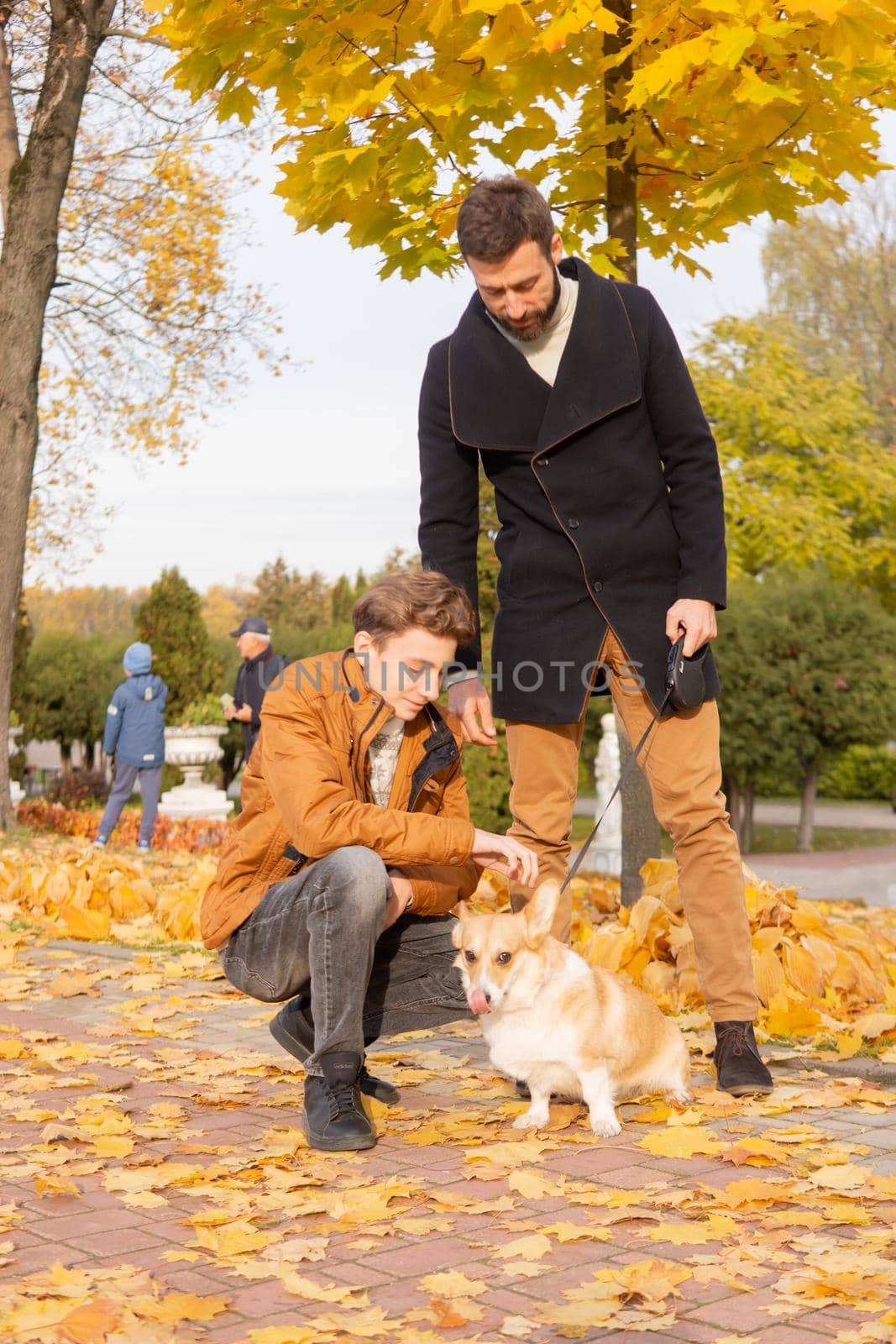 Father and son with a pet on a walk in the autumn park by Annu1tochka