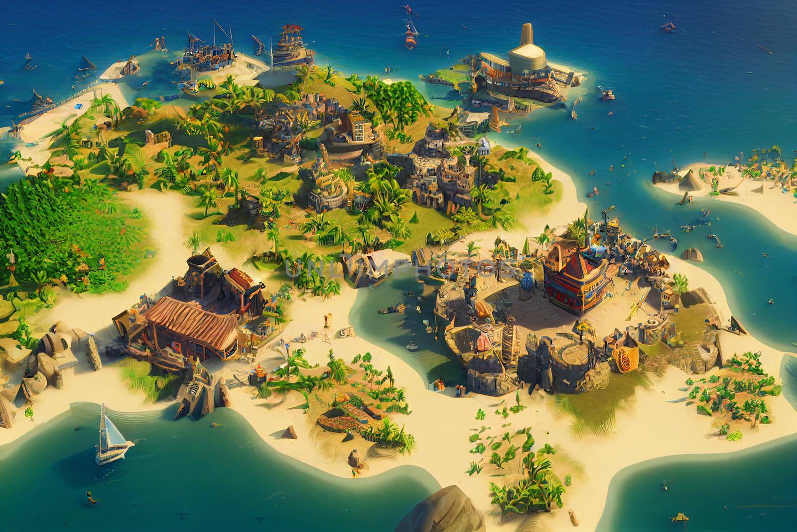 3D Render of Caribbean pirate archipelago in isometric perspective. Thriving pirate city port in the style of civilization.