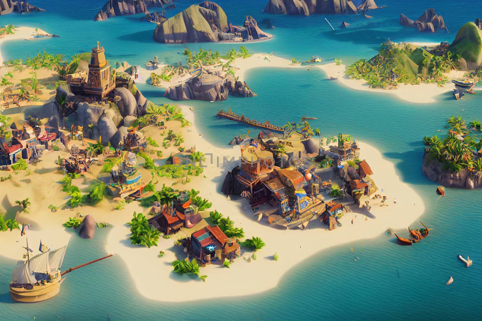 3D Render of Caribbean pirate archipelago in isometric perspective. Thriving pirate city port in the style of civilization.