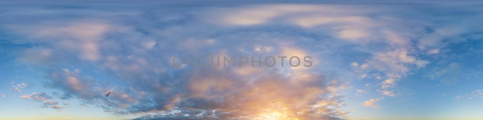 Dark blue sunset sky panorama with pink Cumulus clouds. Seamless hdr 360 pano in spherical equirectangular format. Full zenith for 3D visualization, game, sky replacement for aerial drone panoramas