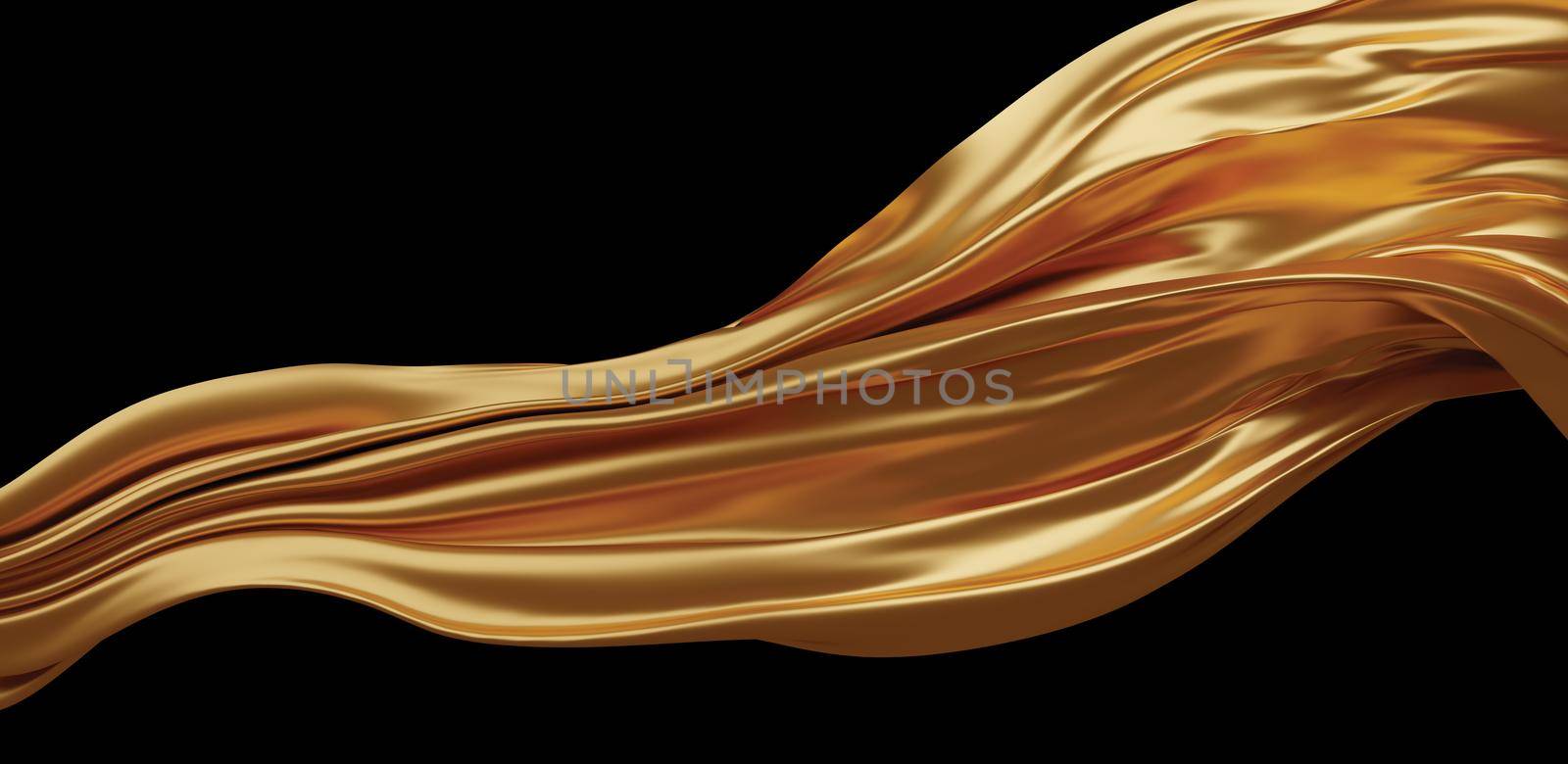 Gold cloth flying in the wind isolated on black background 3D render by Myimagine