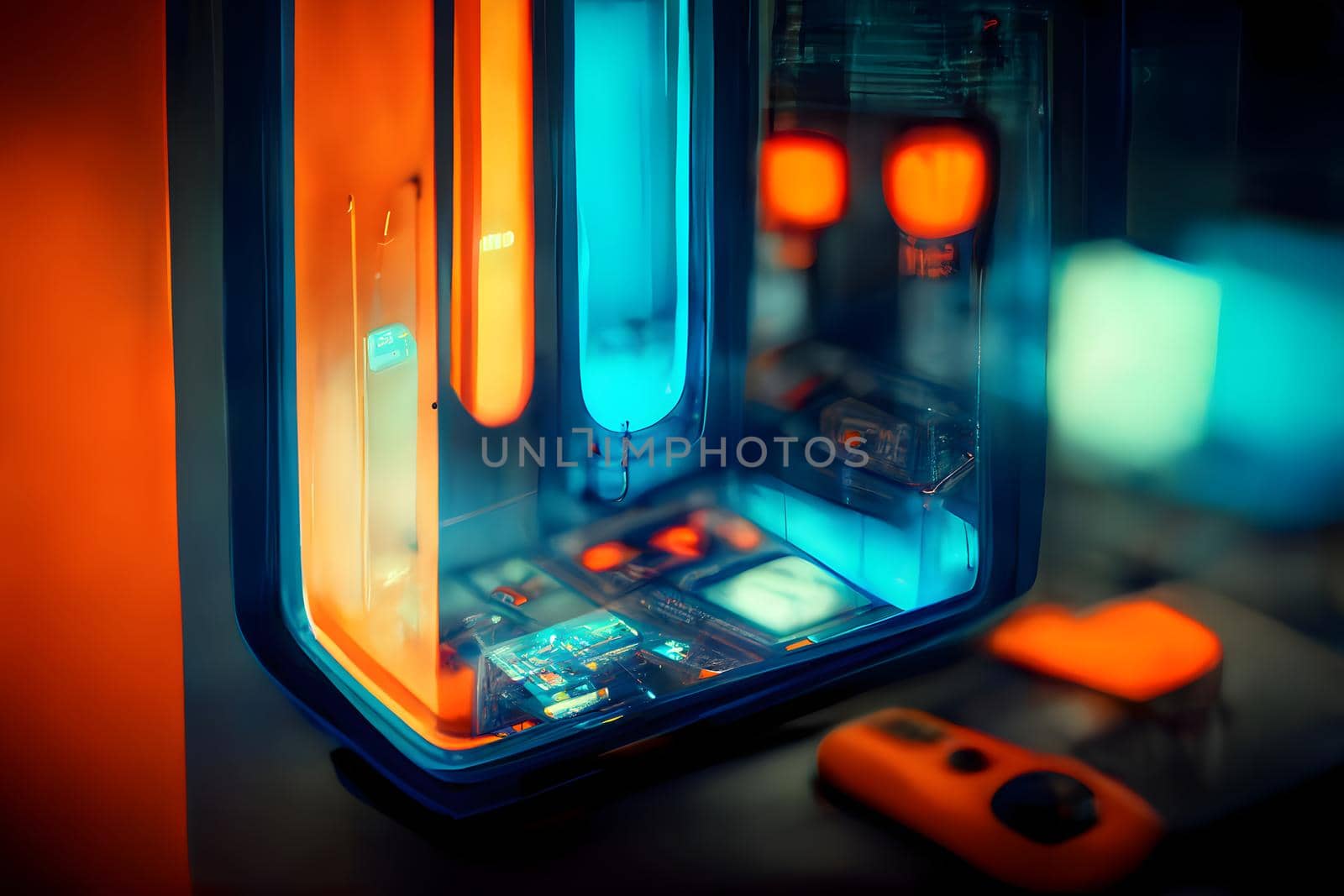 abstract teal-orange hight-tech cyberpunk background, neural network generated art.