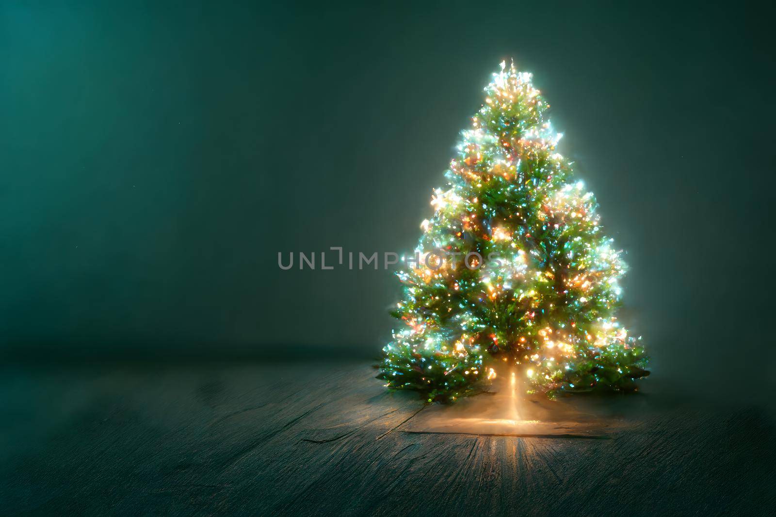 christmas tree on gray backgound with copy space, neural network generated art. Digitally generated image. Not based on any actual scene or pattern.