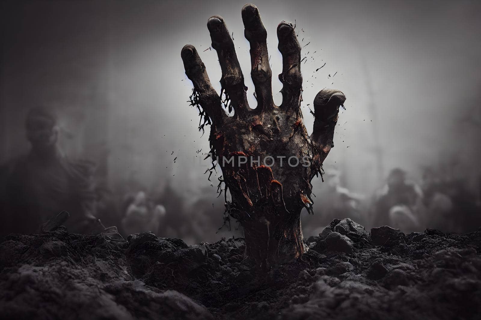zombie hand rising up from grave in misty night graveyard, famous halloween horror concept, neural network generated art. Digitally generated image. Not based on any actual scene or pattern.