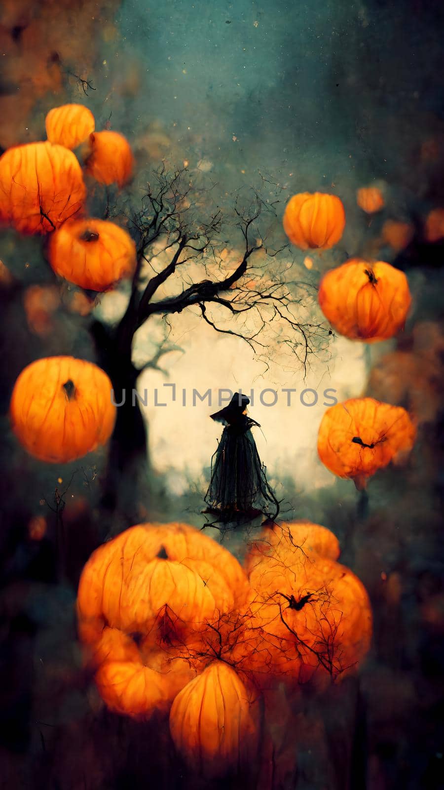 abstract black gothic lady figure in long dress with pupmkins, spooky haloween background, neural network generated art. Digitally generated image. Not based on any actual scene or pattern.