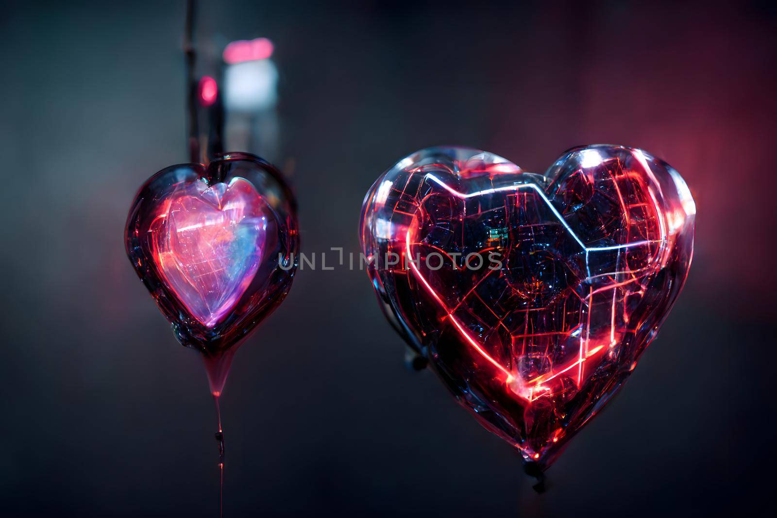 cyberpunk neon shiny and glowing hearts on gray background, neural network generated art for valentines day. Digitally generated painting-like image. Not based on any actual scene or pattern.