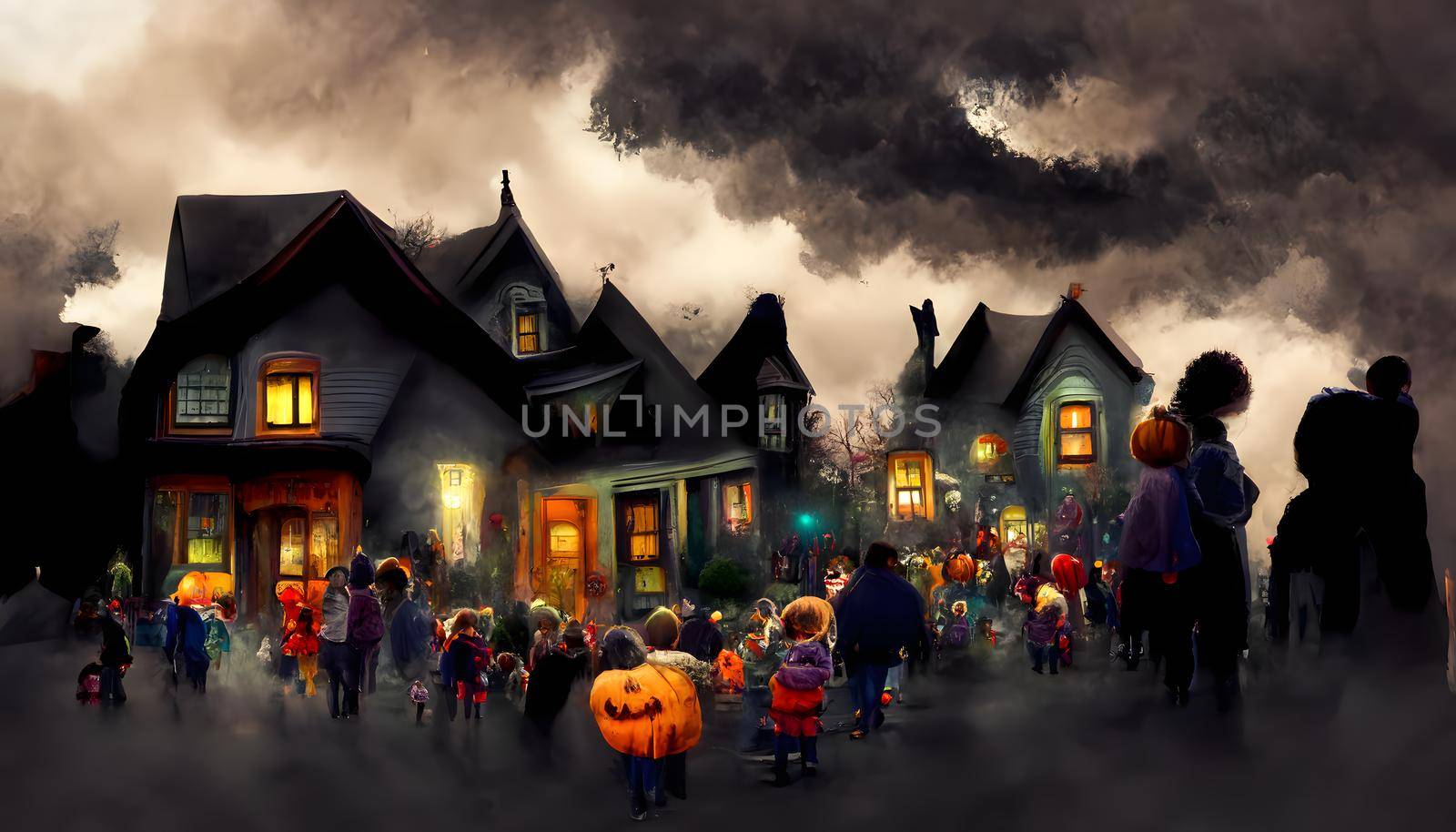 kids playing on night halloween street, american neighborhood background, neural network generated art. Digitally generated image. Not based on any actual scene or pattern.