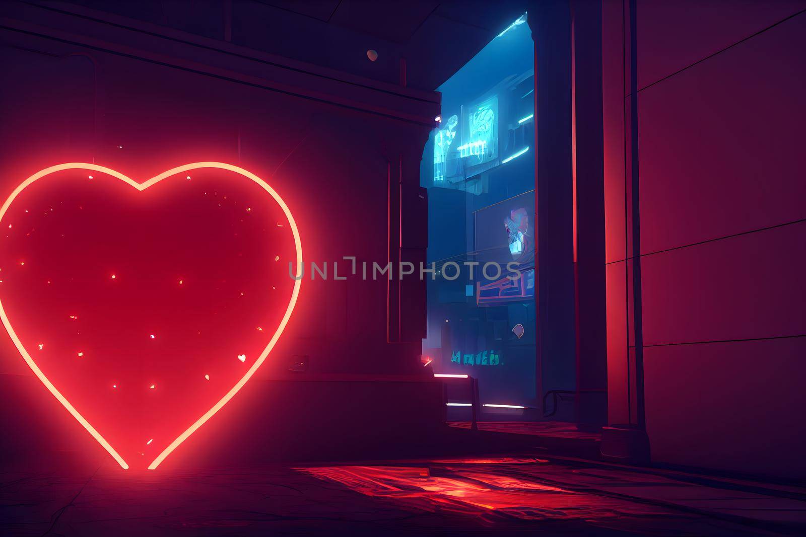 large red glowing heart on the wall in night club with dim lights, neural network generated art. Digitally generated image. Not based on any actual scene or pattern.