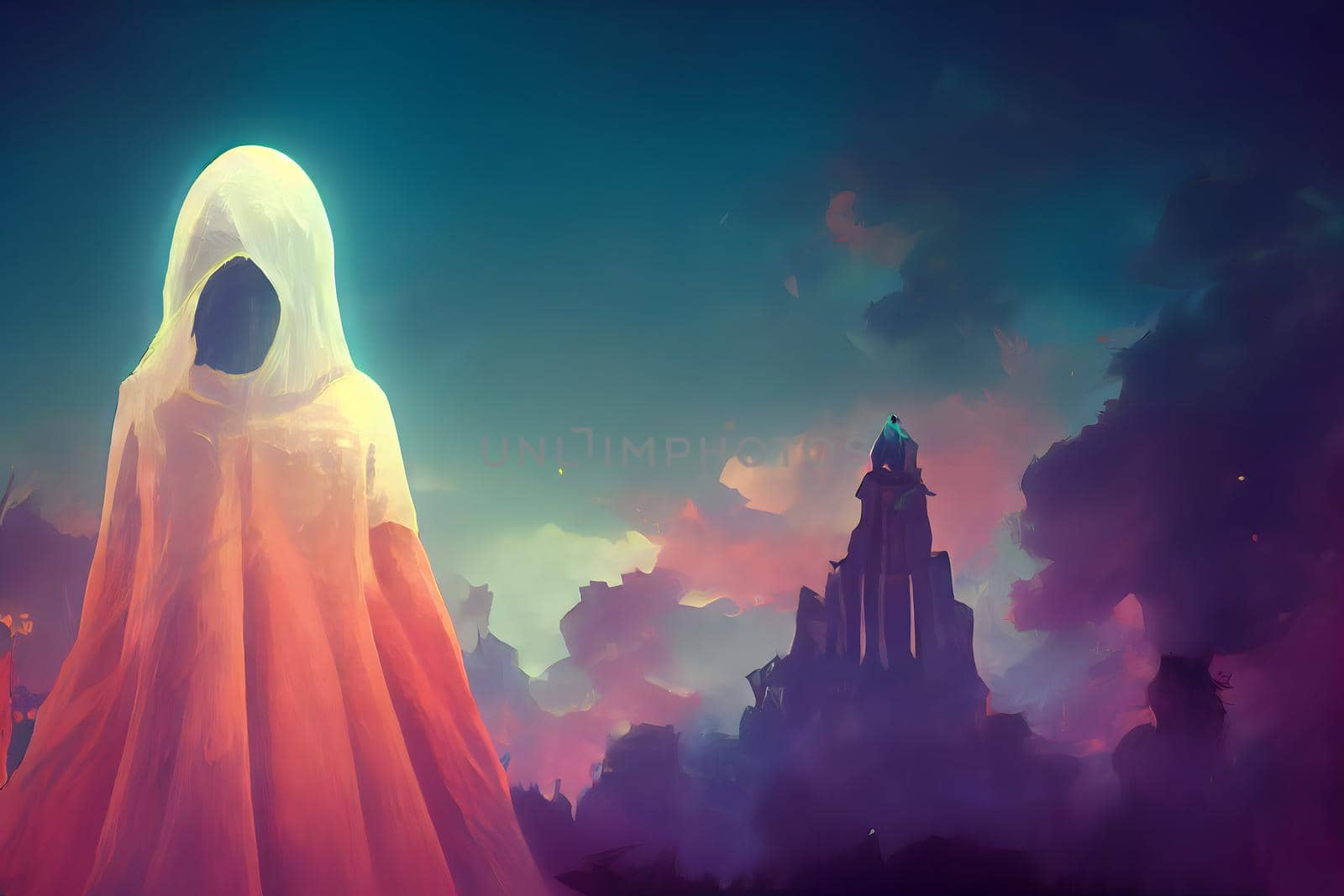 figure in glowing peachy-white coat with hood on blurry mountain peak or fantasy castle backgound, neural network generated art. Digitally generated image. Not based on any actual scene or pattern.