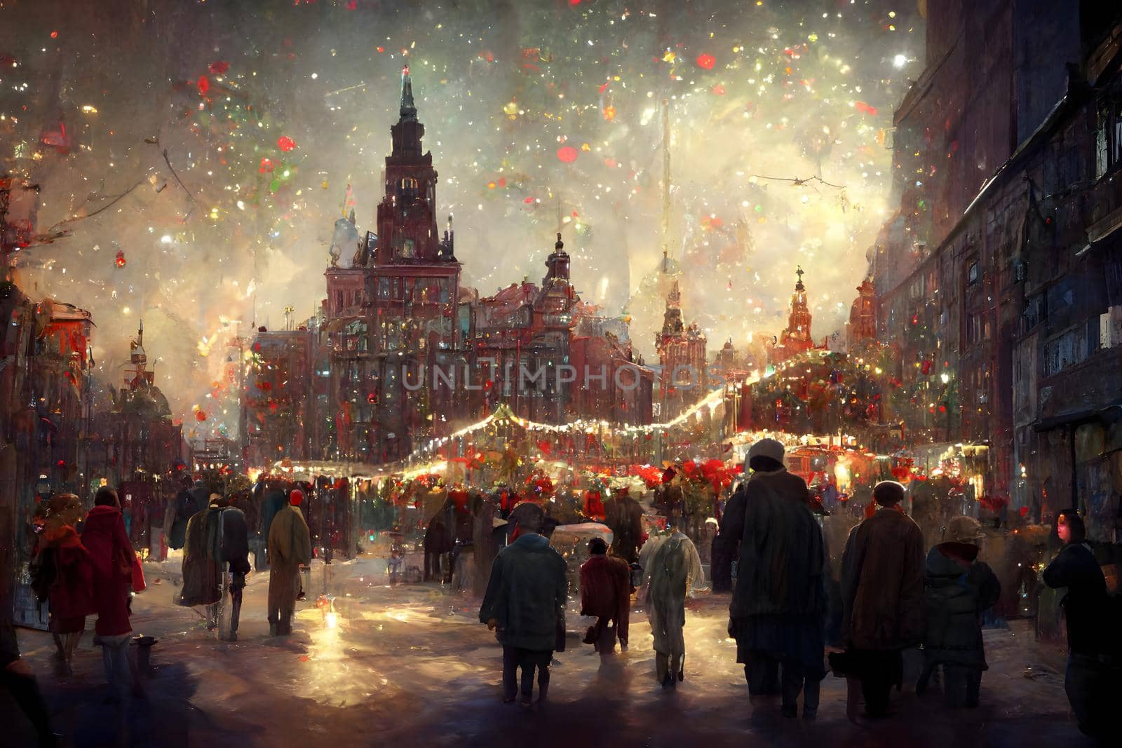 night crowded christmas european town street, neural network generated art. Digitally generated image. Not based on any actual scene or pattern.